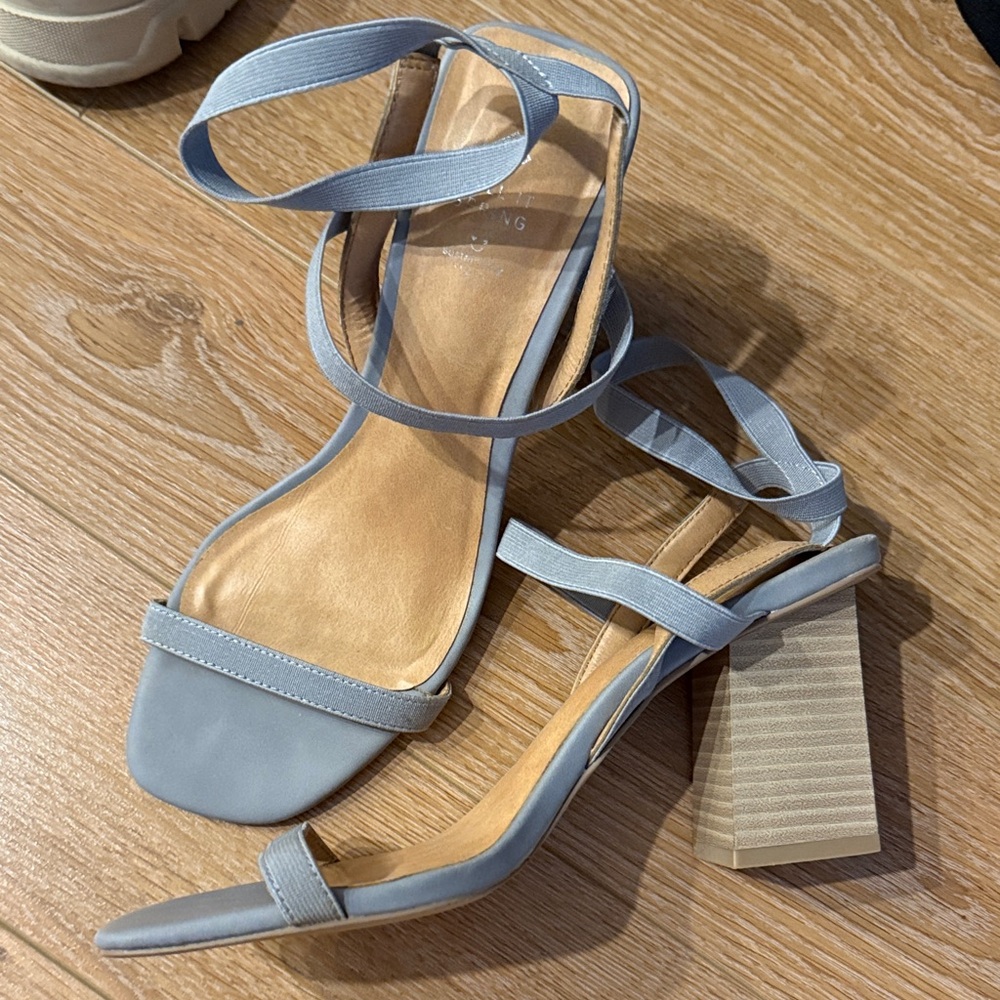 Blue Strappy with Light Wood Heels